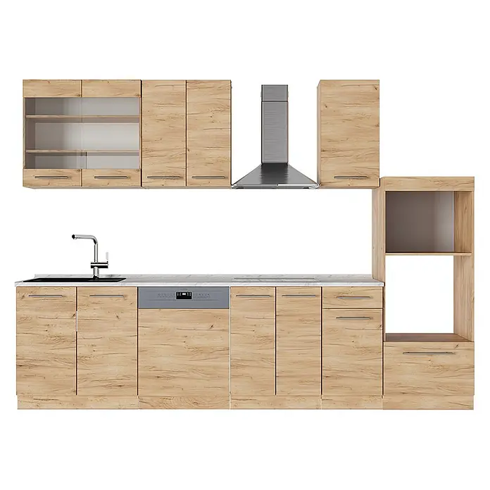 Küchenzeile Fame-Line 300 cm Goldkraft Eiche Art.-Nr. 56819 -  - Moderne Küchenzeile mit hellen Holzschränken, grauer Arbeitsplatte, Spüle, Kochfeld und integrierten Geräten.