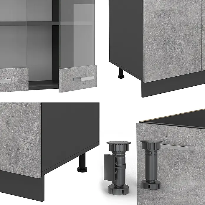 Vicco Küchenzeile R-Line Beton/Anthrazit mit Hochschrank, AP Anthrazit - Breite: 300 cm, Beton, Ohne Elektrogeräte - Modulares Schranksystem mit anthrazitfarbenem Korpus, Betonoptik-Fronten, Glastüren, silbernen Griffen und verstellbaren Füßen.