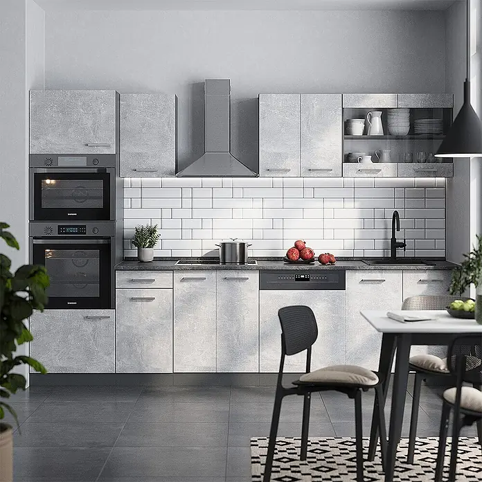 Vicco Küchenzeile R-Line Beton/Anthrazit mit Hochschrank, AP Anthrazit - Breite: 300 cm, Beton, Ohne Elektrogeräte - Moderne Küche mit hellgrauen Schränken in Betonoptik, integrierten Geräten, dunkler Arbeitsplatte und weißem U-Bahn-Fliesen-Spritzschutz.