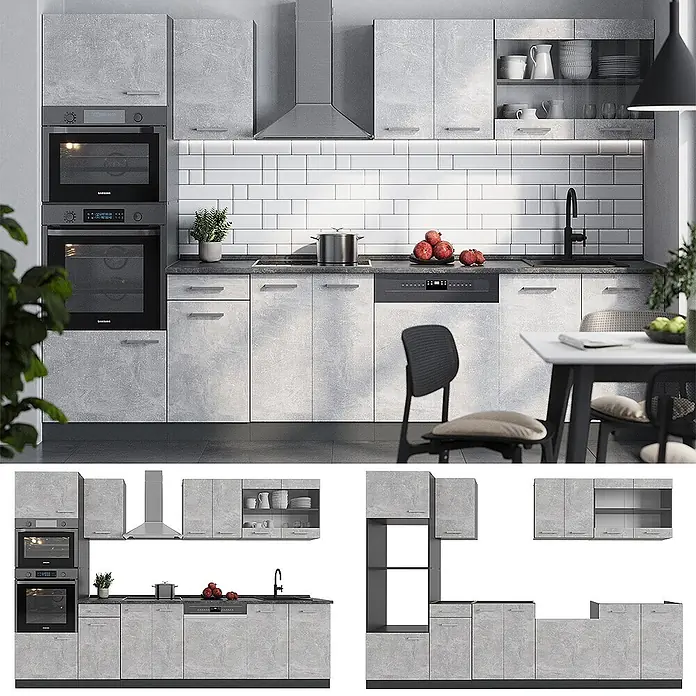 Vicco Küchenzeile R-Line Beton/Anthrazit mit Hochschrank, AP Anthrazit - Breite: 300 cm, Beton, Ohne Elektrogeräte - Moderne hellgraue Küche im Beton-Look mit integrierten Öfen, Geschirrspüler, Spüle und Kochfeld, bietet viel Stauraum und Arbeitsfläche.
