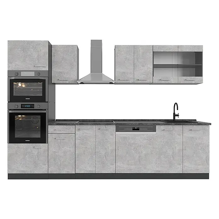Vicco Küchenzeile R-Line Beton/Anthrazit mit Hochschrank, AP Anthrazit - Breite: 300 cm, Beton, Ohne Elektrogeräte - Komplette hellgraue Küche mit Betonoptik, integrierten Öfen, Kochfeld, Spüle, Geschirrspüler und Dunstabzugshaube.