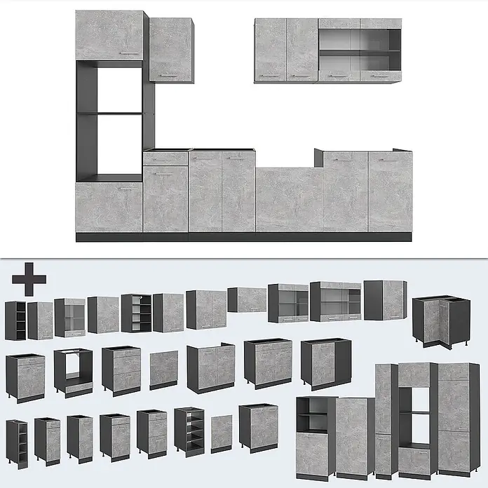 Vicco Küchenzeile R-Line Beton/Anthrazit mit Hochschrank, AP Anthrazit - Breite: 300 cm, Beton, Ohne Elektrogeräte - Modulares Küchenschranksystem in grauem Beton-Look, mit Unter- und Oberschränken.