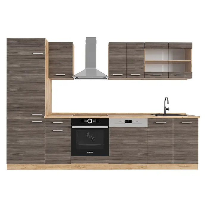 Vicco Küchenzeile R-Line Edelgrau/Goldkraft Eiche, AP Eiche - Breite: 300 cm, Edelgrau, Ohne Elektrogeräte - Moderne Küchenzeile mit dunklen Holzmaserungsschränken, heller Arbeitsplatte, Dunstabzugshaube, Backofen, Geschirrspüler und Spüle.