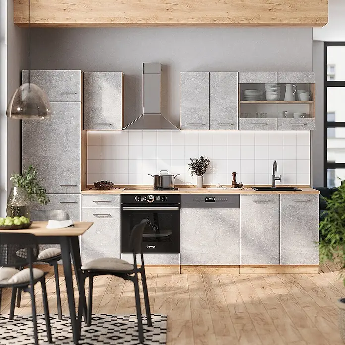 Vicco Küchenzeile R-Line Beton/Goldkraft Eiche ohne Arbeitsplatte - Beton, Ohne Elektrogeräte - Moderne Küche in Betonoptik Grau mit Holz-Arbeitsplatten, integrierten Geräten und Hochschrank.