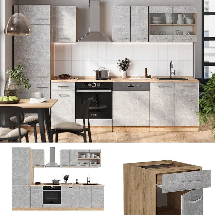 Vicco Küchenzeile R-Line Beton/Goldkraft Eiche ohne Arbeitsplatte - Beton, Ohne Elektrogeräte - Moderne Küchenzeile mit hellgrauen Betonoptik-Fronten und Holzdetails, inklusive Backofen, Geschirrspüler und Spüle.
