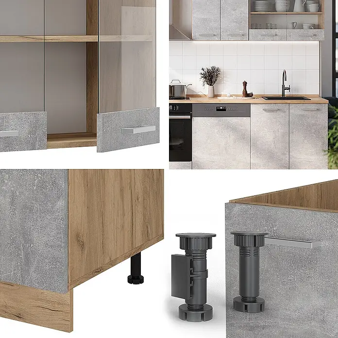 Vicco Küchenzeile R-Line Beton/Goldkraft Eiche ohne Arbeitsplatte - Beton, Ohne Elektrogeräte - Modulare Küchenschränke mit heller Holz- und Betonoptik-Oberfläche, silbernen Griffen und verstellbaren Füßen zur individuellen Installation.