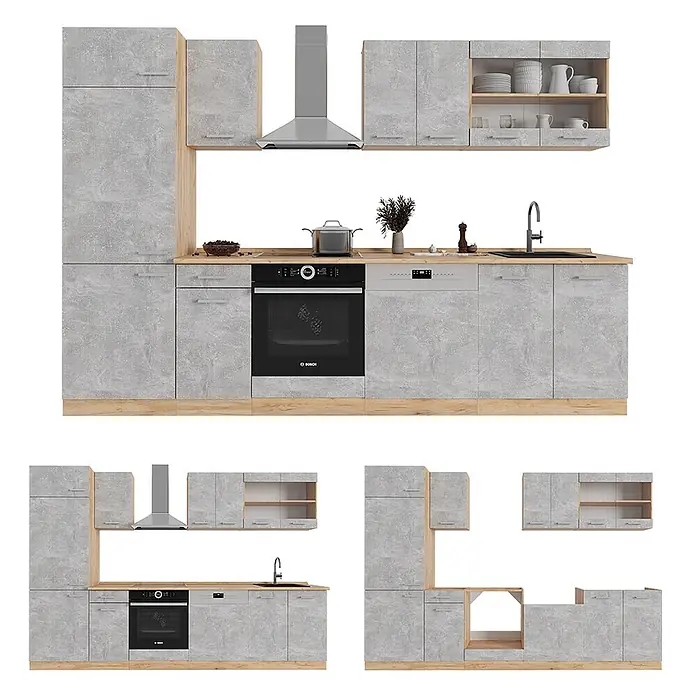 Vicco Küchenzeile R-Line Beton/Goldkraft Eiche ohne Arbeitsplatte - Beton, Ohne Elektrogeräte - Modulküche mit grauen Betonoptik-Schränken, hellen Holzakzenten, Backofen, Spüle und Geschirrspüler.