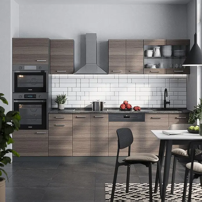 Vicco Küchenzeile R-Line Edelgrau/Anthrazit mit Hochschrank, AP Marmor - Breite: 300 cm, Edelgrau, Ohne Elektrogeräte - Moderne Küche mit Holzmaserung-Schränken, dunklen Arbeitsplatten, weißen Fliesen und integrierten dunklen Geräten.
