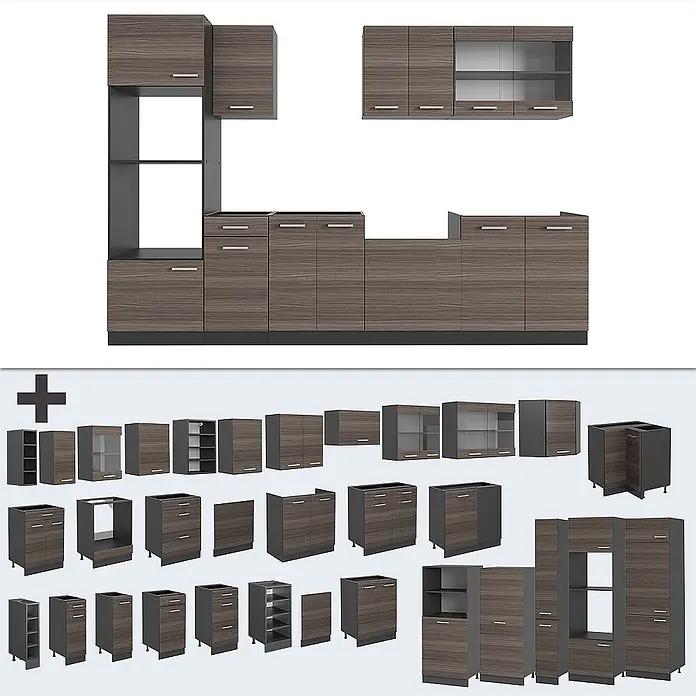 Vicco Küchenzeile R-Line Edelgrau/Anthrazit mit Hochschrank, AP Marmor - Breite: 300 cm, Edelgrau, Ohne Elektrogeräte - Modulares Küchenschranksystem: Dunkle Holzmaserung mit grauen Rahmen. Enthält diverse Unter-, Ober- und Hochschränke, Schubladen, Glastüren.