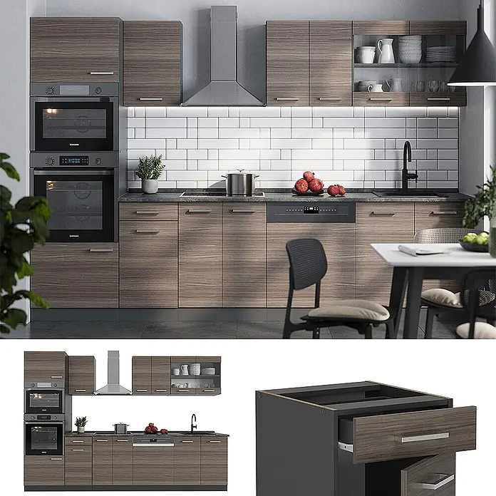 Vicco Küchenzeile R-Line Edelgrau/Anthrazit mit Hochschrank, ohne Arbeitsplatte - Breite: 300 cm, Edelgrau, Ohne Elektrogeräte - Modernes modulares Küchenset mit dunklen Holzmaserungsschränken und integrierten Geräten wie Öfen, Spülmaschine und Dunstabzugshaube.