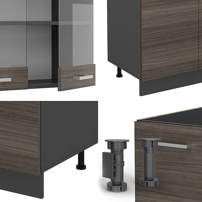 Vicco Küchenzeile R-Line Edelgrau/Anthrazit mit Hochschrank, AP Marmor - Breite: 300 cm, Edelgrau, Ohne Elektrogeräte - Modulare Küchenschränke mit dunklem Holzdekor und grauen Elementen, Glastüren und verstellbaren Sockelfüßen.