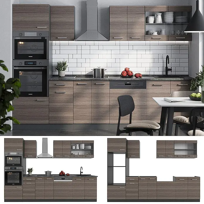 Vicco Küchenzeile R-Line Edelgrau/Anthrazit mit Hochschrank, AP Marmor - Breite: 300 cm, Edelgrau, Ohne Elektrogeräte - Moderne Küche mit dunklen Holzschränken, integrierten Backöfen, Kochfeld, Geschirrspüler und Spüle.