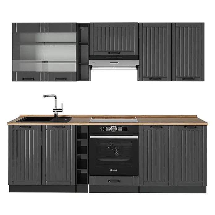 Vicco Küchenzeile Fame-Line Dunkelgrau, AP Eiche - Breite: 235 cm, Dunkelgrau, Ohne Elektrogeräte - Dunkelgraue Küchenschränke mit vertäfelten Türen, heller Holztheke, Spüle, Kochfeld, Backofen und Dunstabzugshaube.