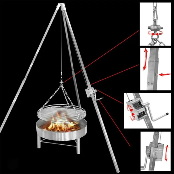 Schwenkgrill - Durchmesser Grillfläche: 60 cm, Höhe: 25 cm - Produktansicht eines dreibeinigen Grillständers mit höhenverstellbarer Grillfläche über einem Feuer.
