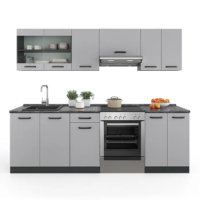 Vicco Küchenzeile R-Line Cashmere, AP Anthrazit - Grau, Ohne Elektrogeräte - Komplette hellgraue Küchenzeile mit dunkelgrauen Arbeitsplatten, integrierter Spüle, Elektroherd, Backofen und Dunstabzugshaube.