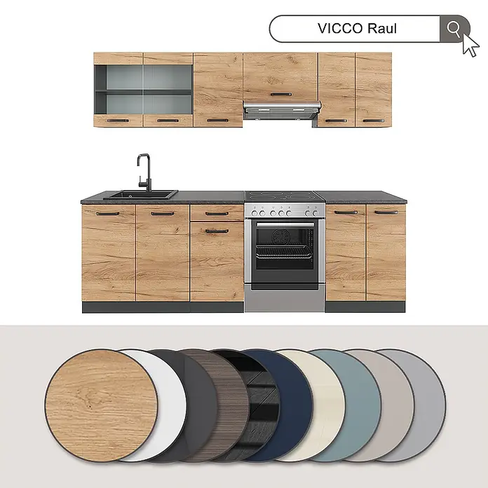 Vicco Küchenzeile R-Line Cashmere, AP Anthrazit - Cashmere, Ohne Elektrogeräte - Küchenzeile 'VICCO Raul' in Holzoptik mit dunkler Arbeitsplatte, Spüle, Ofen und Kochfeld, Farbmuster inklusive.