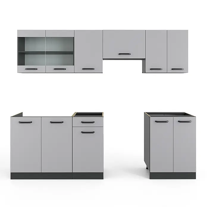 Vicco Küchenzeile R-Line Cashmere, AP Anthrazit - Grau, Ohne Elektrogeräte - Modulares hellgraues Küchenschrank-Set mit schwarzen Griffen, bestehend aus Ober- und Unterschränken.