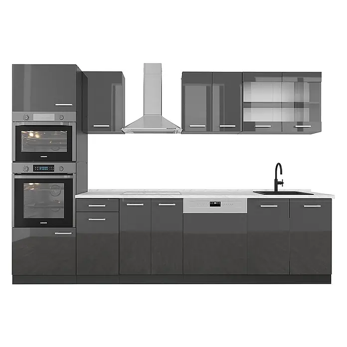 Vicco Küchenzeile R-Line Anthrazit Hochglanz/Anthrazit mit Hochschrank, AP Marmor - Breite: 300 cm, Anthrazit Hochglanz, Ohne Elektrogeräte - Moderne dunkelgraue Hochglanzküche mit integrierten Öfen, Spülmaschine, Spüle, Dunstabzugshaube und Edelstahlgriffen.