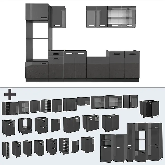 Vicco Küchenzeile R-Line Anthrazit Hochglanz/Anthrazit mit Hochschrank, AP Marmor - Breite: 300 cm, Anthrazit Hochglanz, Ohne Elektrogeräte - Dunkelgraues modulares Küchenschrank-Set mit Unter-, Ober- und Hochschränken, teils mit Glastüren.