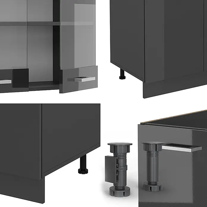Vicco Küchenzeile R-Line Anthrazit Hochglanz/Anthrazit mit Hochschrank, AP Marmor - Breite: 300 cm, Anthrazit Hochglanz, Ohne Elektrogeräte - Dunkelgraues glänzendes modulares Schranksystem mit Glastüren, Schubladen und verstellbaren Füßen.
