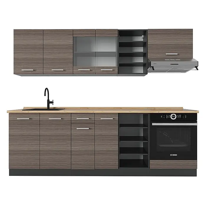 Vicco Küchenzeile R-Line Edelgrau/Anthrazit, AP Eiche - Breite: 240 cm, Edelgrau, Ohne Elektrogeräte - Moderne Küche in Grau-Holzoptik mit heller Arbeitsplatte, schwarzer Spüle, Wasserhahn, Backofen, Kochfeld und Dunstabzugshaube.