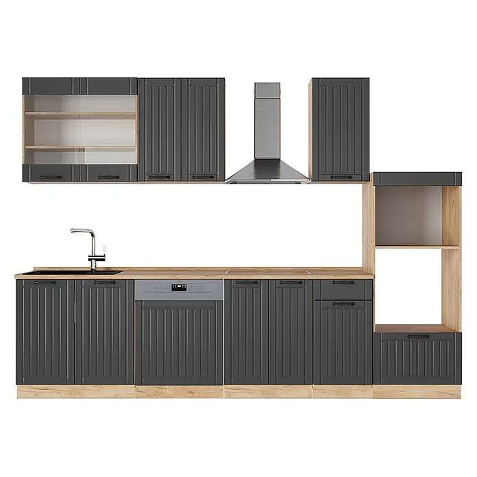Vicco Küchenzeile Fame-Line Dunkelgrau mit Hochschrank, AP Eiche - Breite: 300 cm, Dunkelgrau, Ohne Elektrogeräte - Modulare dunkelgraue Küche mit Holzplatte, integrierter Spüle, Geschirrspüler und offenen Regalen.