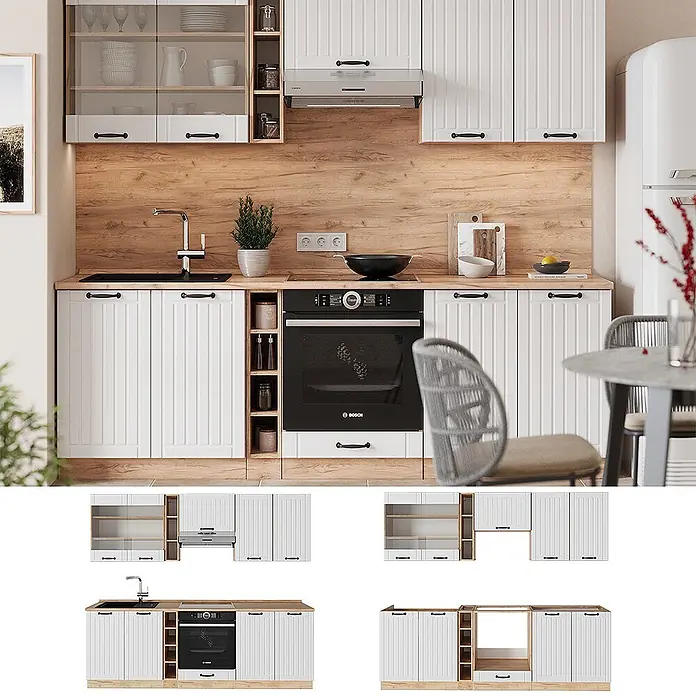 Vicco Küchenzeile Fame-Line Weiß Landhaus, AP Marmor - Weiß Landhaus, Ohne Elektrogeräte - Weiße modulare Küchenzeile mit Holzdekor-Arbeitsplatte, Spritzschutz und Sockel, inklusive Spüle und Backofen in moderner Umgebung.