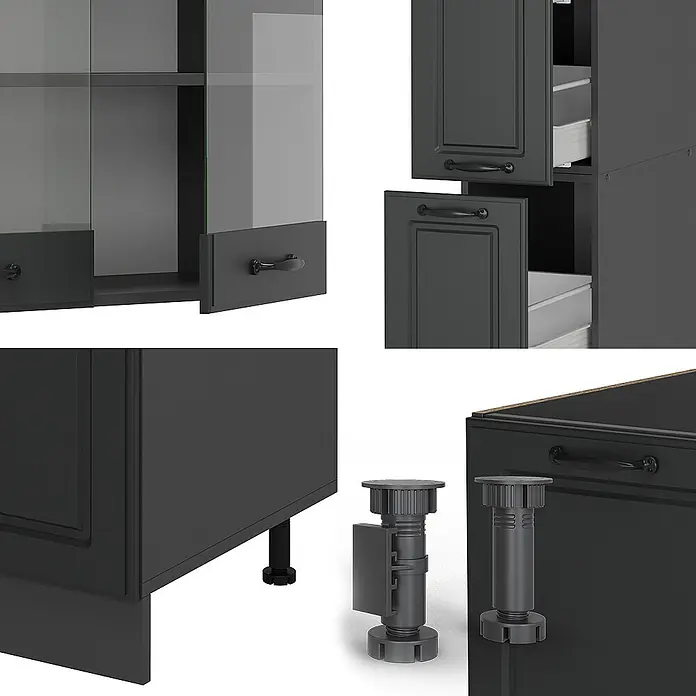 Vicco Küchenzeile R-Line Anthrazit Landhaus/Anthrazit, AP Anthrazit - Breite: 350 cm, Anthrazit Landhaus, Ohne Elektrogeräte - Dunkelgraue Küchenschränke mit Glastüren, Schubladen und verstellbaren Füßen.