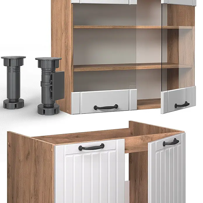 Vicco Küchenzeile Fame-Line Weiß Landhaus, AP Marmor - Weiß Landhaus, Ohne Elektrogeräte - Möbelkomponenten: modularer Schrank in Holzoptik und Weiß, mit Glas und verstellbaren Kunststofffüßen.