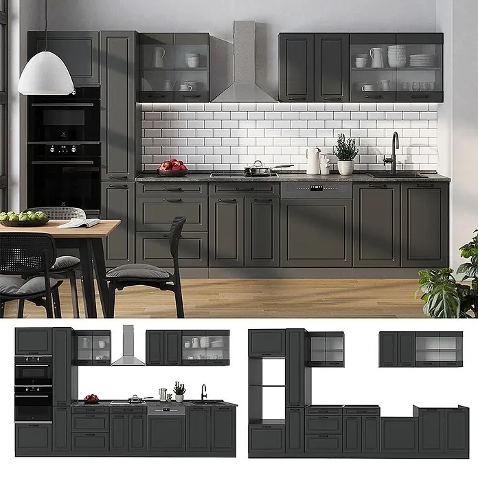 Vicco Küchenzeile R-Line Anthrazit Landhaus/Anthrazit, AP Eiche - Anthrazit Landhaus, Ohne Elektrogeräte - Dunkelgraues modulares Küchenschrank-Set mit klassischer Paneelierung, in moderner Küche mit integrierten Geräten.