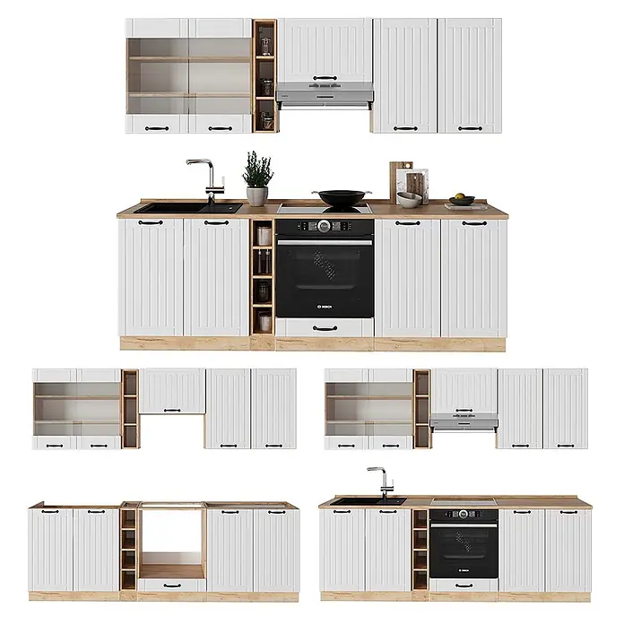 Vicco Küchenzeile Fame-Line Weiß Landhaus, AP Marmor - Weiß Landhaus, Ohne Elektrogeräte - Modulares Küchenschrank-Set mit weißen Paneeltüren und Arbeitsplatten in heller Holzoptik, inklusive Spüle, Herd und Backofen.