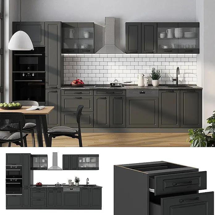 Vicco Küchenzeile R-Line Anthrazit Landhaus/Anthrazit, AP Eiche - Anthrazit Landhaus, Ohne Elektrogeräte - Dunkelgraues modulares Küchenschrank-Set mit klassischen Paneeltüren, schwarzen Griffen und integrierten Geräten.