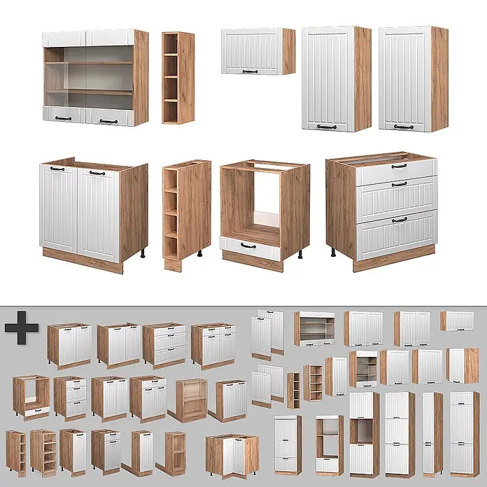 Vicco Küchenzeile Fame-Line Weiß Landhaus, AP Marmor - Weiß Landhaus, Ohne Elektrogeräte - Modulares Küchenschranksystem mit Holzoptik-Korpus und weißen Paneelfronten für verschiedene Küchenkonfigurationen.