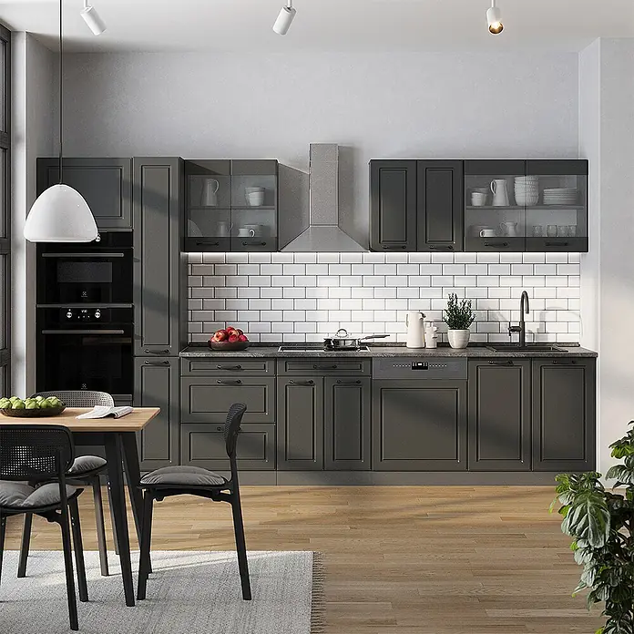 Vicco Küchenzeile R-Line Anthrazit Landhaus/Anthrazit, AP Eiche - Anthrazit Landhaus, Ohne Elektrogeräte - Dunkelgraue Shaker-Küchenschränke mit integrierten Geräten und weißem U-Bahn-Fliesenspiegel.