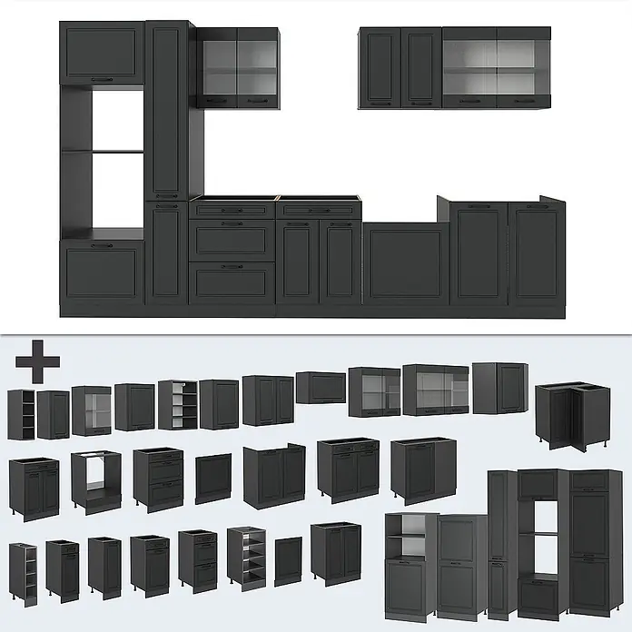 Vicco Küchenzeile R-Line Anthrazit Landhaus/Anthrazit, AP Eiche - Anthrazit Landhaus, Ohne Elektrogeräte - Dunkelgraue Küchenschrankmodule für eine moderne Küche.
