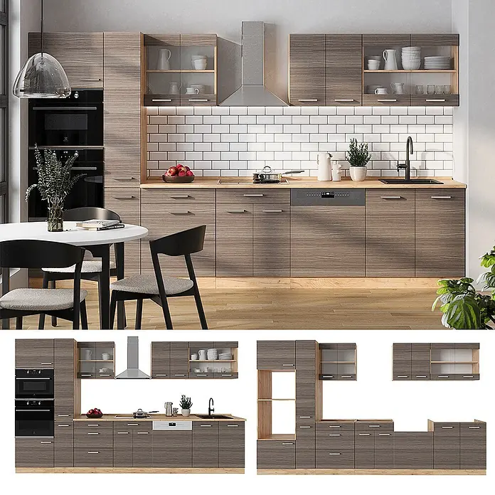 Vicco Küchenzeile R-Line Edelgrau/Goldkraft Eiche, AP Anthrazit - Breite: 350 cm, Edelgrau, Ohne Elektrogeräte - Moderne Modulküche in Holzoptik mit hellen Arbeitsplatten und integrierten Geräten.