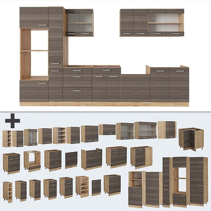 Vicco Küchenzeile R-Line Edelgrau/Goldkraft Eiche, AP Anthrazit - Breite: 350 cm, Edelgrau, Ohne Elektrogeräte - Modulare Küchenschränke in dunkler Holzoptik mit hellen Holzakzenten.