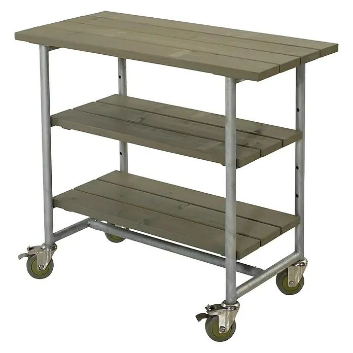 Plus Gartentisch / Pflanztisch Urban - 100 x 50 x 90 cm, Graubraun - Dreistufiger Servierwagen aus Holz und Metall mit Rollen. Ideal für Küche, Garten oder Terrasse zur Aufbewahrung und zum Servieren.