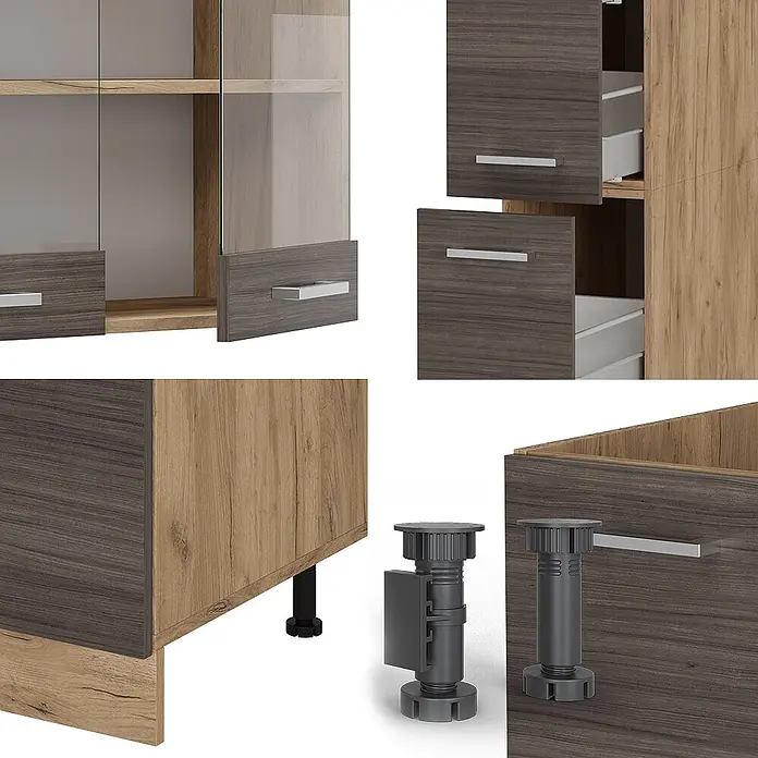 Vicco Küchenzeile R-Line Edelgrau/Goldkraft Eiche, AP Anthrazit - Breite: 350 cm, Edelgrau, Ohne Elektrogeräte - Modulares Schranksystem in heller Eiche und dunkelgrauer Holzoptik, Glastüren, Schubladen und verstellbare Füße.