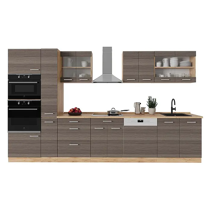 Vicco Küchenzeile R-Line Edelgrau/Goldkraft Eiche, AP Anthrazit - Breite: 350 cm, Edelgrau, Ohne Elektrogeräte - Moderne Küchenzeile mit Holzmaserungsschränken in Grau-Braun, hellen Arbeitsplatten und integrierten Geräten.