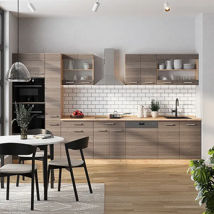 Vicco Küchenzeile R-Line Edelgrau/Goldkraft Eiche, AP Anthrazit - Breite: 350 cm, Edelgrau, Ohne Elektrogeräte - Moderne Küche mit braun-grauen Holzdekor-Schränken und integrierten Geräten.