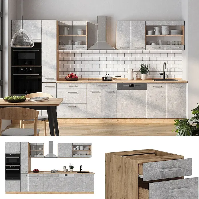 Vicco Küchenzeile R-Line Beton/Goldkraft Eiche ohne Arbeitsplatte - Beton, Ohne Elektrogeräte - Moderne Küchenmöbel mit hellgrauen Betonoptik-Fronten, Holz-Arbeitsplatten und integrierten Geräten.