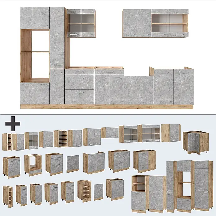 Vicco Küchenzeile R-Line Beton/Goldkraft Eiche ohne Arbeitsplatte - Beton, Ohne Elektrogeräte - Modulare Küchenschränke mit grauer Betonoptik und hellen Holzapplikationen.