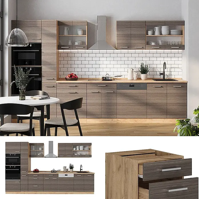 Vicco Küchenzeile R-Line Edelgrau/Goldkraft Eiche, AP Anthrazit - Breite: 350 cm, Edelgrau, Ohne Elektrogeräte - Modernes Küchenschränke-Set in Holzoptik mit heller Arbeitsplatte und integrierten Geräten, in einer kompletten Küche dargestellt.