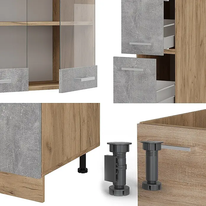 Vicco Küchenzeile R-Line Beton/Goldkraft Eiche ohne Arbeitsplatte - Beton, Ohne Elektrogeräte - Modulares Schrankelement in heller Holz- und grauer Betonoptik, mit Türen, Schubladen, Glasbereichen und verstellbaren Füßen.
