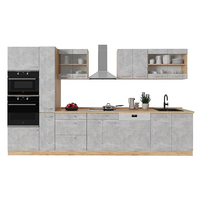 Vicco Küchenzeile R-Line Beton/Goldkraft Eiche ohne Arbeitsplatte - Beton, Ohne Elektrogeräte - Moderne Küchenzeile mit hellgrauen Schränken in Betonoptik und hellen Holz-Arbeitsplatten, inklusive Backofen, Kochfeld, Spüle und Dunstabzugshaube.
