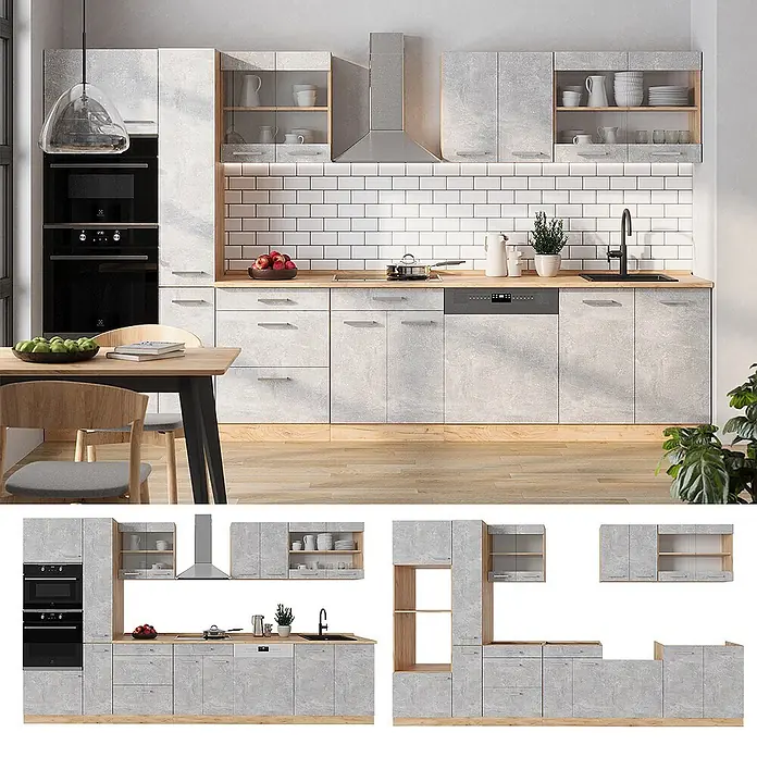 Vicco Küchenzeile R-Line Beton/Goldkraft Eiche ohne Arbeitsplatte - Beton, Ohne Elektrogeräte - Moderne Modulküche in hellem Beton-Look Grau mit Holzakzenten, integrierten Geräten und heller Holzarbeitsplatte.