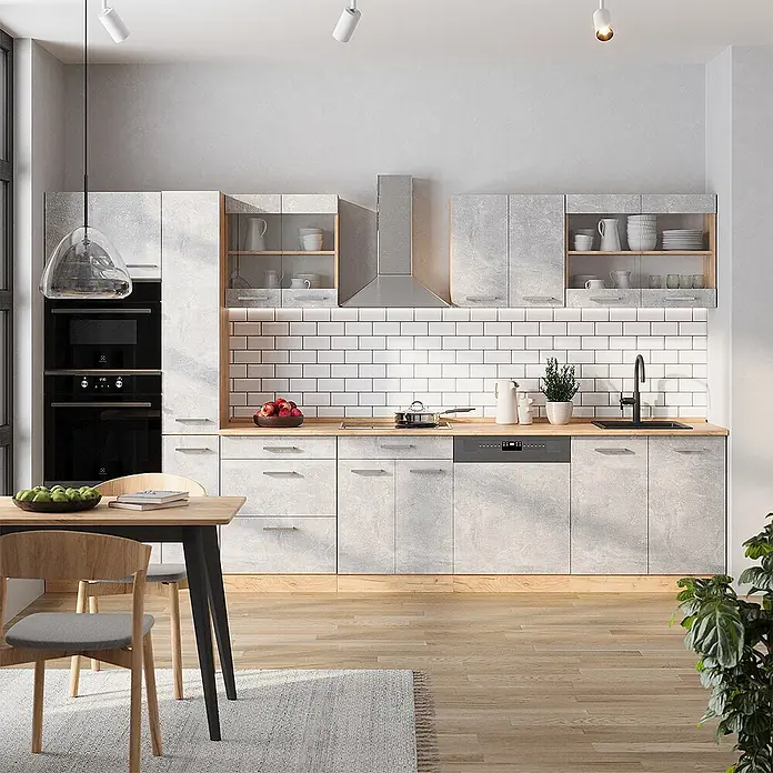 Vicco Küchenzeile R-Line Beton/Goldkraft Eiche ohne Arbeitsplatte - Beton, Ohne Elektrogeräte - Eine moderne Küche mit hellgrauen, strukturierten Schränken, Holz-Arbeitsplatten und integrierten Geräten.