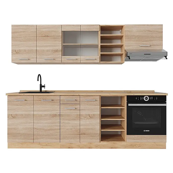 Vicco Küchenzeile R-Line Sonoma/Goldkraft Eiche ohne Arbeitsplatte - Breite: 240 cm, Sonoma, Ohne Elektrogeräte - Modulare Küchenzeile in heller Holzoptik mit schwarzer Spüle, Einbauofen und Dunstabzugshaube.