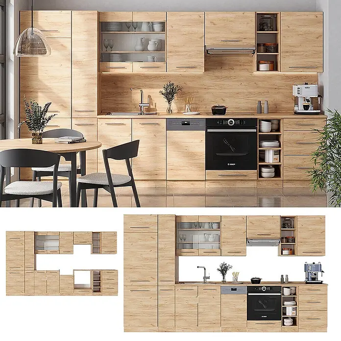 Vicco Küchenzeile Fame-Line Goldkraft Eiche ohne Arbeitsplatte - Goldkraft Eiche, Ohne Elektrogeräte - Modernes Küchenschranksystem aus hellem Holz mit integrierten Geräten, Spüle und vielfältigen Stauraumlösungen.